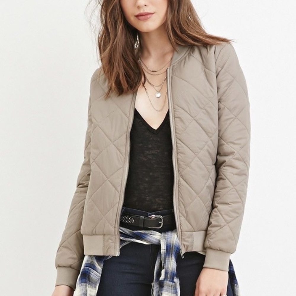 Tan quilted bomber jacket
